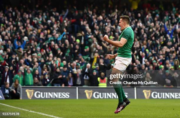 Jacob Stockdale of Ireland scores the decisive try during the Six Nations Championship rugby match between Ireland and Wales at Aviva Stadium on...