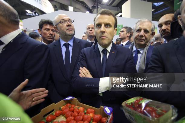 French President Emmanuel Macron and Agriculture Minister Stephane Travert visit the 55th International Agriculture Fair at the Porte de Versailles...