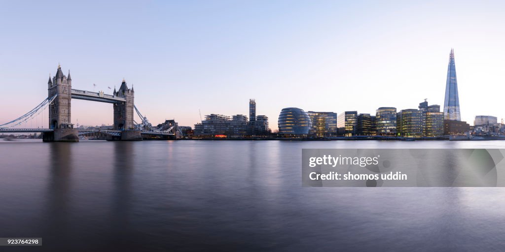 Waterfront view of skyline across South of River Thames, at twilight