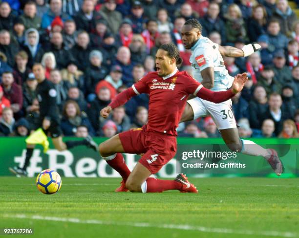 Michail Antonio of West Ham United scores during the Premier League match between Liverpool and West Ham United at Anfield on February 24, 2018 in...