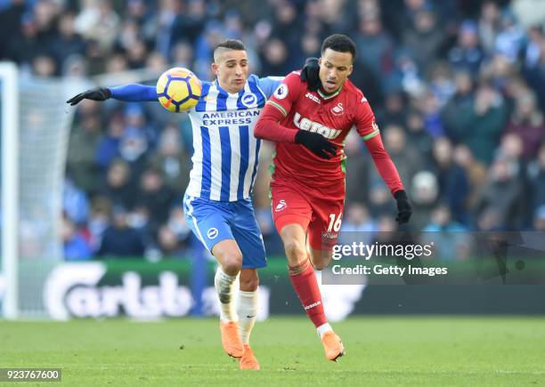 Anthony Knockaert of Brighton and Hove Albion and Martin Olsson of Swansea City battle for the ball during the Premier League match between Brighton...