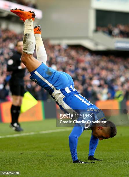 Anthony Knockaert of Brighton and Hove Albion celebrates scoring his side's third goal during the Premier League match between Brighton and Hove...