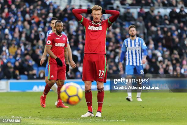 Sam Clucas of Swansea City shows his disappointment after failing to score during the Premier League match between Brighton and Hove Albion and...