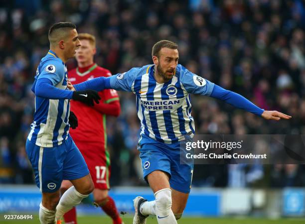 Glenn Murray of Brighton and Hove Albion celebrates scoring his side's second goal with Anthony Knockaert during the Premier League match between...