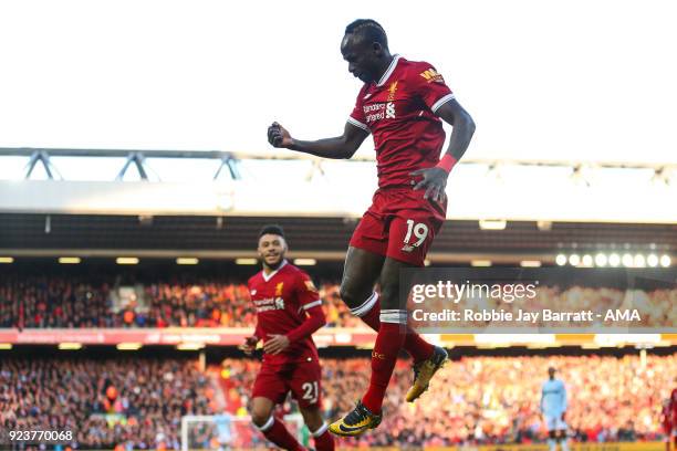 Sadio Mane of Liverpool celebrates after scoring a goal to make it 4-1 during the Premier League match between Liverpool and West Ham United at...