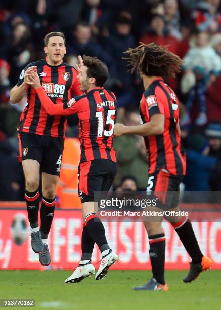 Dan Gosling of AFC Bournemouth celebrates scoring their 2nd goal with Adam Smith and Nathan Ake during the Premier League match between AFC...