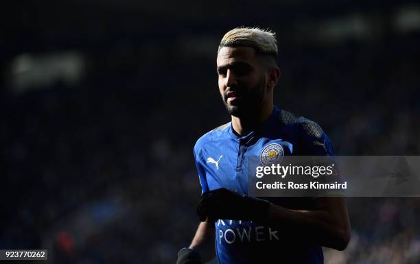 Riyad Mahrez of Leicester City in action during the Premier League match between Leicester City and Stoke City at The King Power Stadium on February...