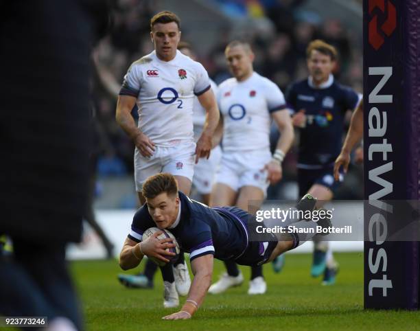 Huw Jones of Scotland dives in for a first half try during the NatWest Six Nations match between Scotland and England at Murrayfield on February 24,...