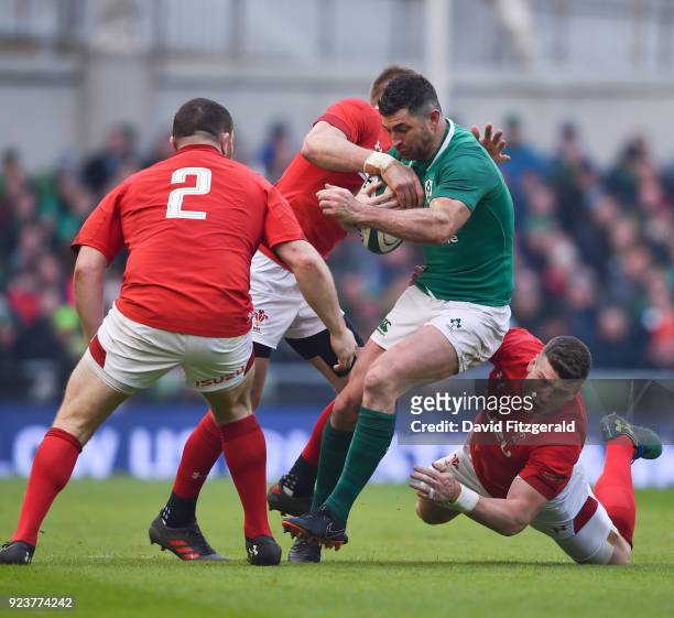 Dublin , Ireland - 24 February 2018; Rob Kearney of Ireland is tackled by Scott Williams of Wales during the NatWest Six Nations Rugby Championship...