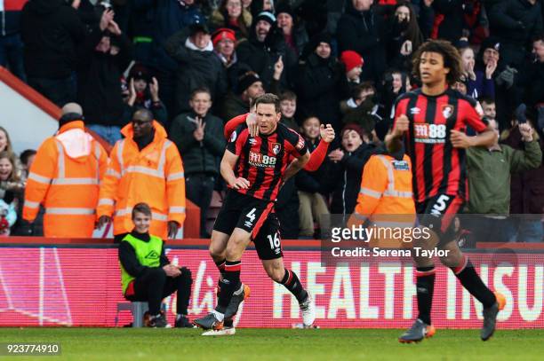 Dan Gosling of AFC Bournemouth celebrates with teammates after he scores the second and equalising goal during the Premier League match between AFC...