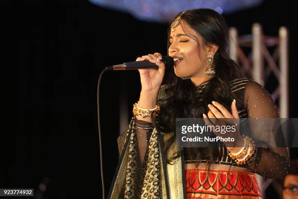 Super Singer Jessica Judes performs in Toronto, Ontario, Canada, on February 19, 2018. Canadian Tamil girl Jessica Judes was the second place winner...