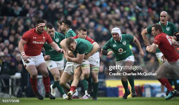 Dan Leavy of Ireland and Justin Tipuric of Wales during the Six Nations Championship rugby match between Ireland and Wales at Aviva Stadium on...