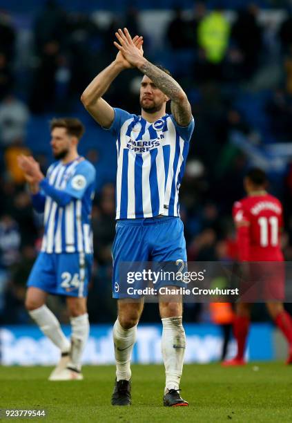Shane Duffy of Brighton and Hove Albion shows appreciation to the fans following the Premier League match between Brighton and Hove Albion and...