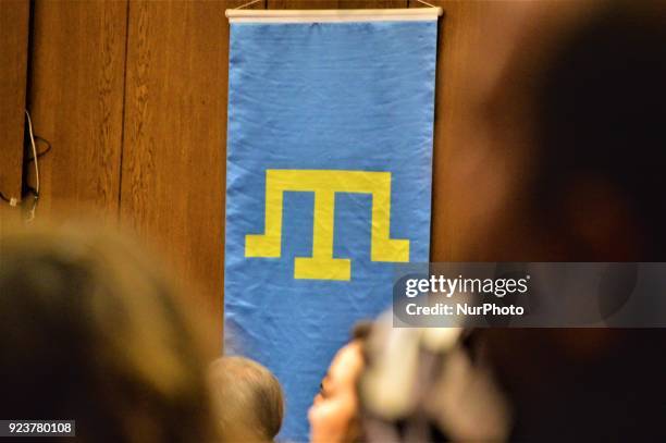 Crimean flag is displayed during a pro-Ukrainian protest against Russia on the 4th anniversary of the occupation of Crimea in Ankara, Turkey on...