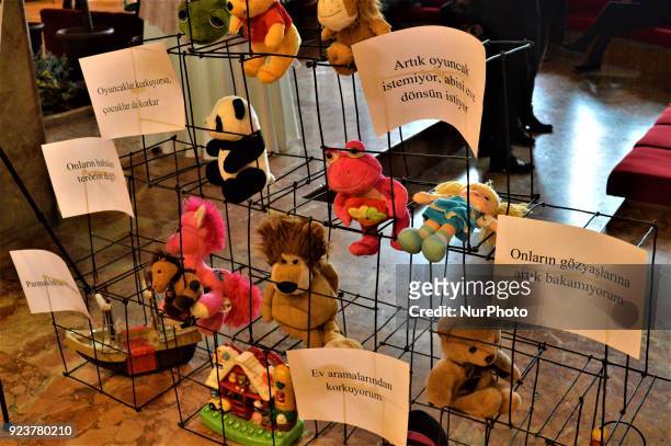 An art illustration shows toys, which made for children, who has suffered in Crimea, during a pro-Ukrainian protest against Russia on the 4th...