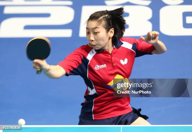 Yue WU of USA during 2018 International Table Tennis Federation World Cup match between Yue WU of USA against Shiwen LIU of China at Copper Box...