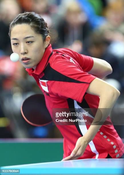 Tianwei FENG of Singapore during 2018 International Table Tennis Federation World Cup match betweenTianwei FENG of Singapore against Tin-Tin HO of...