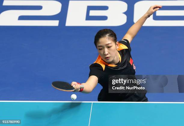 Ning DING of China and Shiwen LIU of China during 2018 International Table Tennis Federation World Cup match between Ning DING of China and Shiwen...