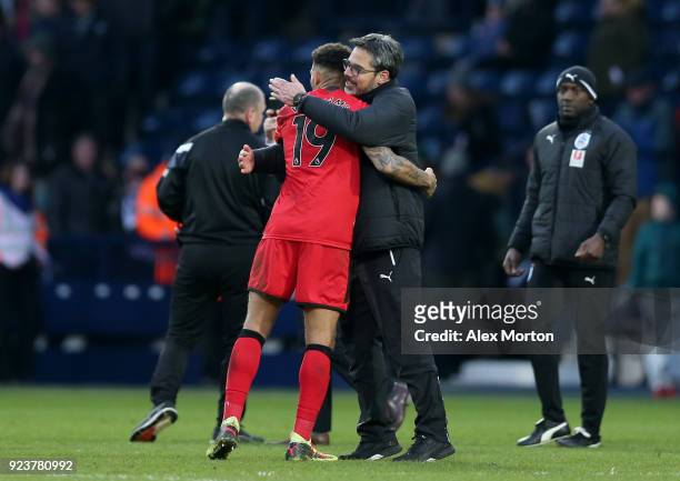 David Wagner, Manager of Huddersfield Town celebrates with Danny Williams of Huddersfield Town after the Premier League match between West Bromwich...