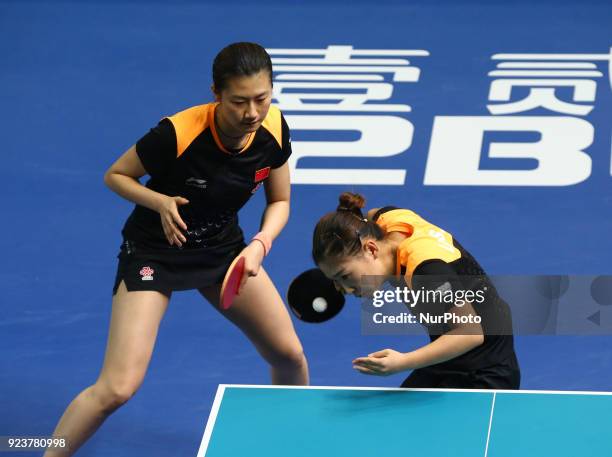 Ning DING of China and Shiwen LIU of China during 2018 International Table Tennis Federation World Cup match between Ning DING of China and Shiwen...