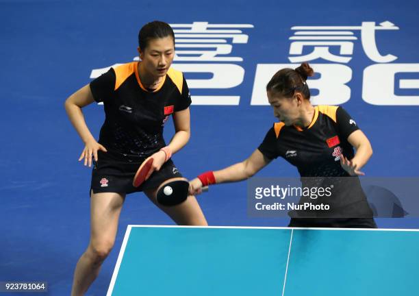 Ning DING of China and Shiwen LIU of China during 2018 International Table Tennis Federation World Cup match between Ning DING of China and Shiwen...