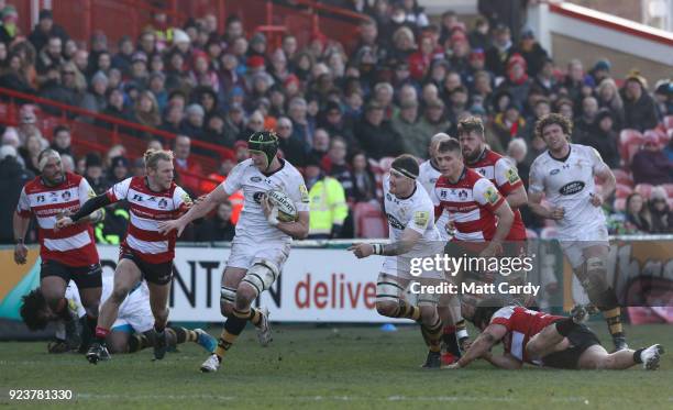 James Gaskell of Wasps runs with the ball during the Aviva Premiership match between Gloucester Rugby and Wasps at Kingsholm Stadium on February 24,...