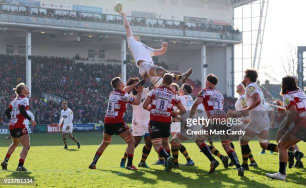 James Gaskell of Wasps catches the ball during a line out during the Aviva Premiership match between Gloucester Rugby and Wasps at Kingsholm Stadium...