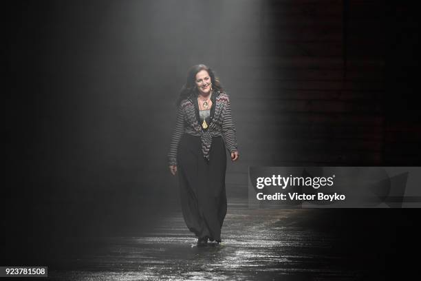 Designer Angela Missoni walks the runway at the Missoni show during Milan Fashion Week Fall/Winter 2018/19 on February 24, 2018 in Milan, Italy.