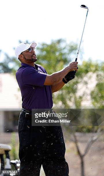Major League Baseball player Gary Sheffield hits on the fairway during the 2009 Maddux Harmon Celebrity Invitational at the Spanish Trail Golf and...