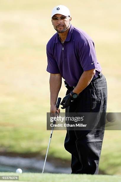 Major League Baseball player Gary Sheffield hits onto the green during the 2009 Maddux Harmon Celebrity Invitational at the Spanish Trail Golf and...