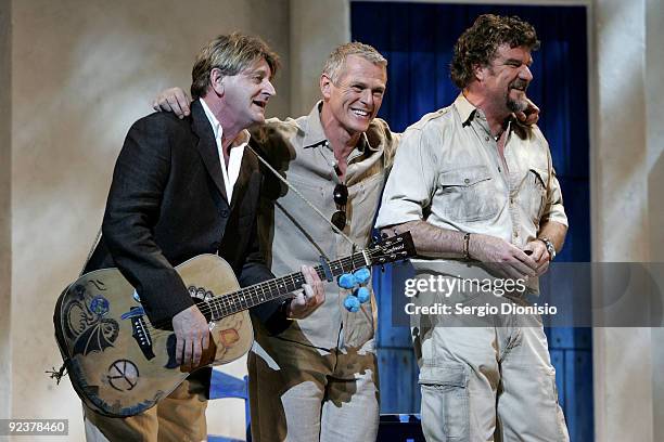 Cast members Robert Grubb, Michael Cormick and Peter Hardy perform during the Mamma Mia! media call, launching the Sydney season of the stage...