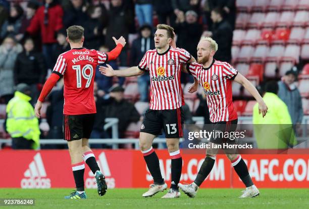 Calum McManaman celebrates scoring the third goal for Sunderland in injury time during the Sky Bet Championship match between Sunderland and...