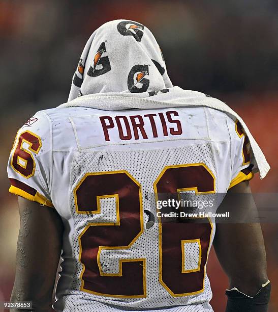 Running back Clinton Portis of the Washington Redskins watches the end of the game from the sideline during the game against the Philadelphia Eagles...