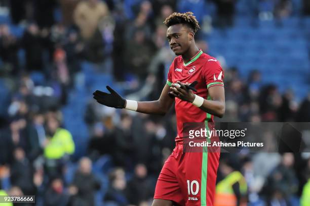 Tammy Abraham of Swansea City thanks away supporters during the Premier League match between Brighton and Hove Albion and Swansea City and at the...