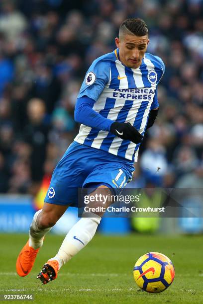 Anthony Knockhaert of Brighton attacks during the Premier League match between Brighton and Hove Albion and Swansea City at Amex Stadium on February...