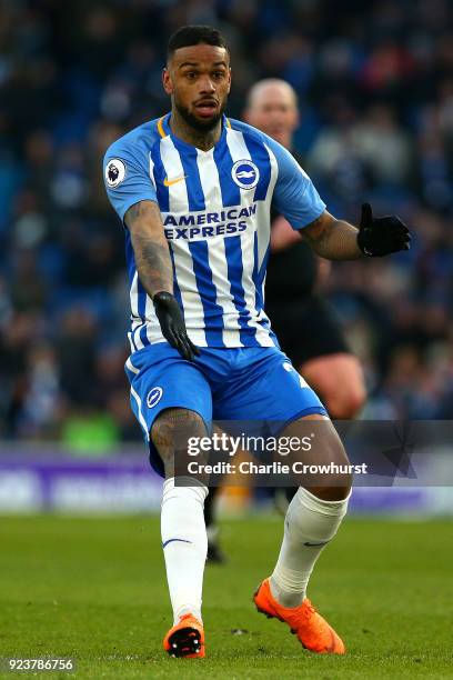 Jurgan Locadia of Brighton attacks during the Premier League match between Brighton and Hove Albion and Swansea City at Amex Stadium on February 24,...