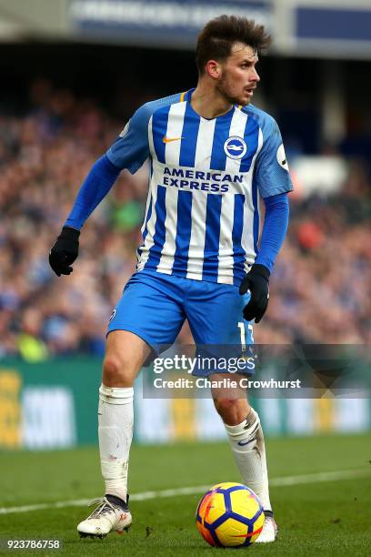 Pascal Gross of Brighton attacks during the Premier League match between Brighton and Hove Albion and Swansea City at Amex Stadium on February 24,...