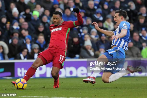 Lewis Dunk of Brighton lunges towards Luciano Narsingh of Swansea City during the Premier League match between Brighton and Hove Albion and Swansea...