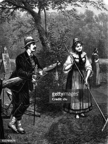a painter observes a farmer's wife at work in the field - farmer wife stock illustrations