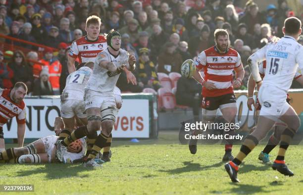 James Gaskell of Wasps passes the ball during the Aviva Premiership match between Gloucester Rugby and Wasps at Kingsholm Stadium on February 24,...