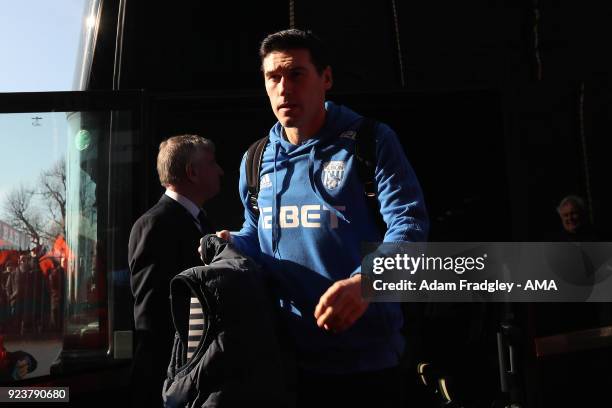 Gareth Barry of West Bromwich Albion arrives at the stadium in the team coach during the Premier League match between West Bromwich Albion and...