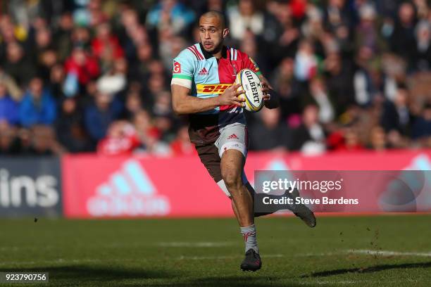 Aaron Morris of Harlequins in action during the Aviva Premiership match between Harlequins and Newcastle Falcons at Twickenham Stoop on February 24,...