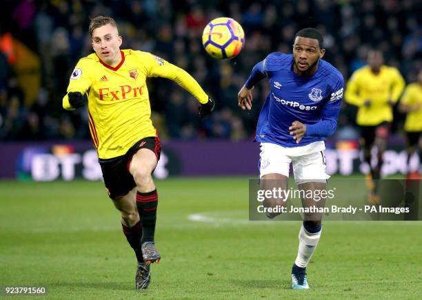 Watford's Gerard Deulofeu and Everton's Cuco Martina battle for the ball during the Premier League match at Vicarage Road, London.