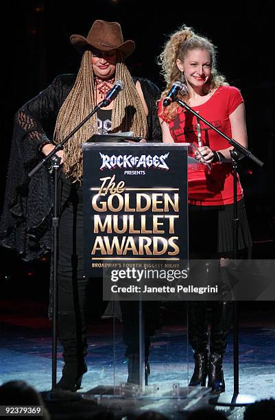 Rock of Ages cast members Michele Mais and Lauren Molina present an award at the 2009 Golden Mullet Awards at Brooks Atkinson Theatre on October 26,...