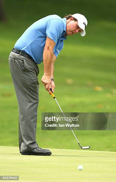 Phil Mickelson of USA in action during the practice round of the Barclays Singapore Open at Sentosa Golf Club on October 27, 2009 in Singapore,...