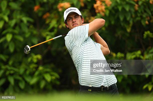 Adam Scott of Australia in action during the practice round of the Barclays Singapore Open at Sentosa Golf Club on October 27, 2009 in Singapore,...