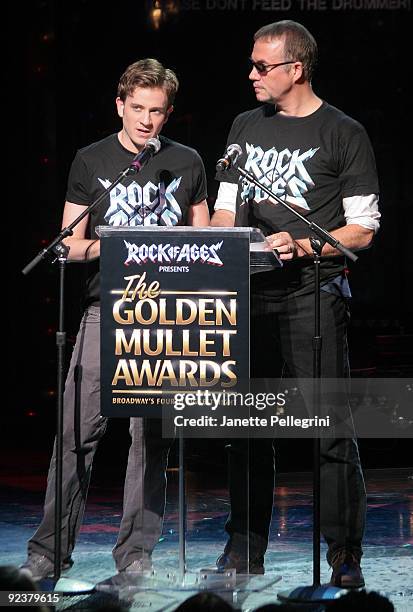Rock of Ages cast members Tom Lenk and Paul Schoeffler present an award at the 2009 Golden Mullet Awards at Brooks Atkinson Theatre on October 26,...
