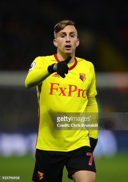 Gerard Deulofeu of Watford looks on during the Premier League match between Watford and Everton at Vicarage Road on February 24, 2018 in Watford,...