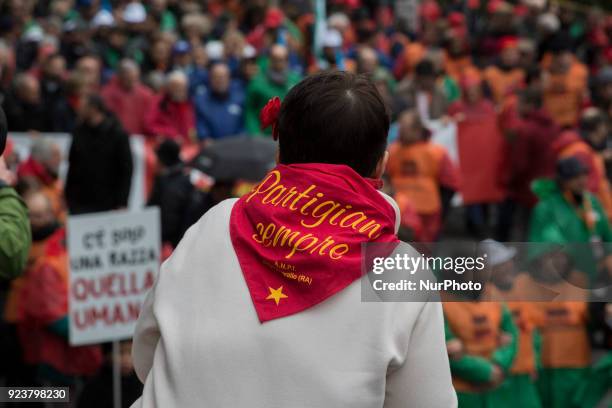People march during a rally against racism and fascism staged by Italian Partisans Association in Rome, on February 24 almost one month after an...