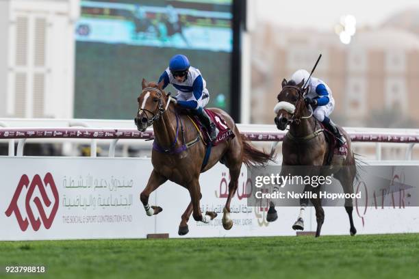Easter De Faust under Harry Bentley wins the 1850m H.H.The Emir's Silver Sword race at Al Rayyan Racecourse on February 24, 2018 in Doha, Qatar.